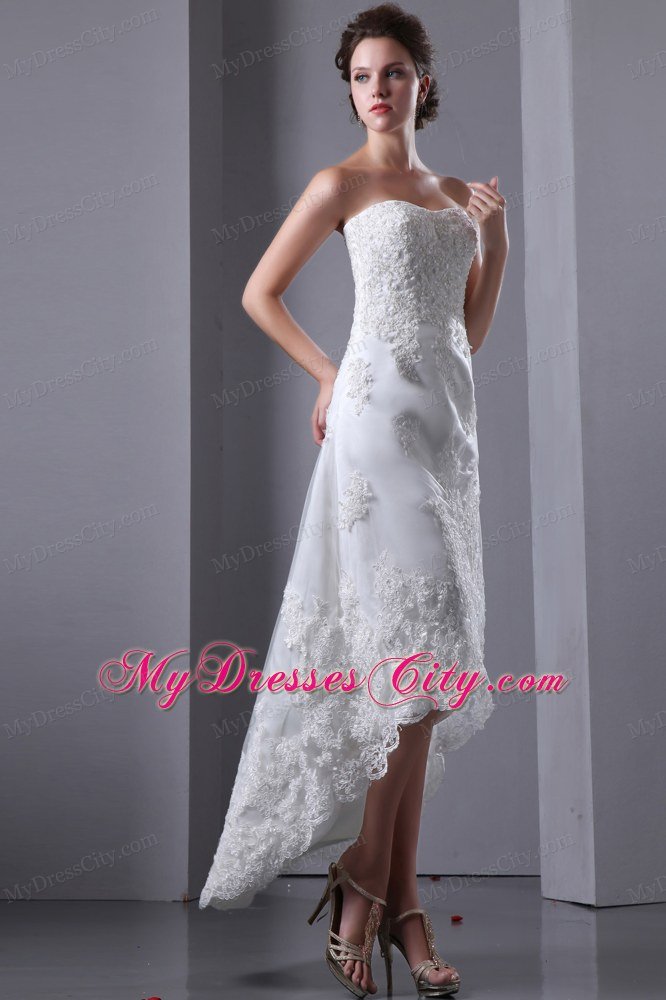 Discount Column Strapless High-low Lace Appliques Wedding Dress