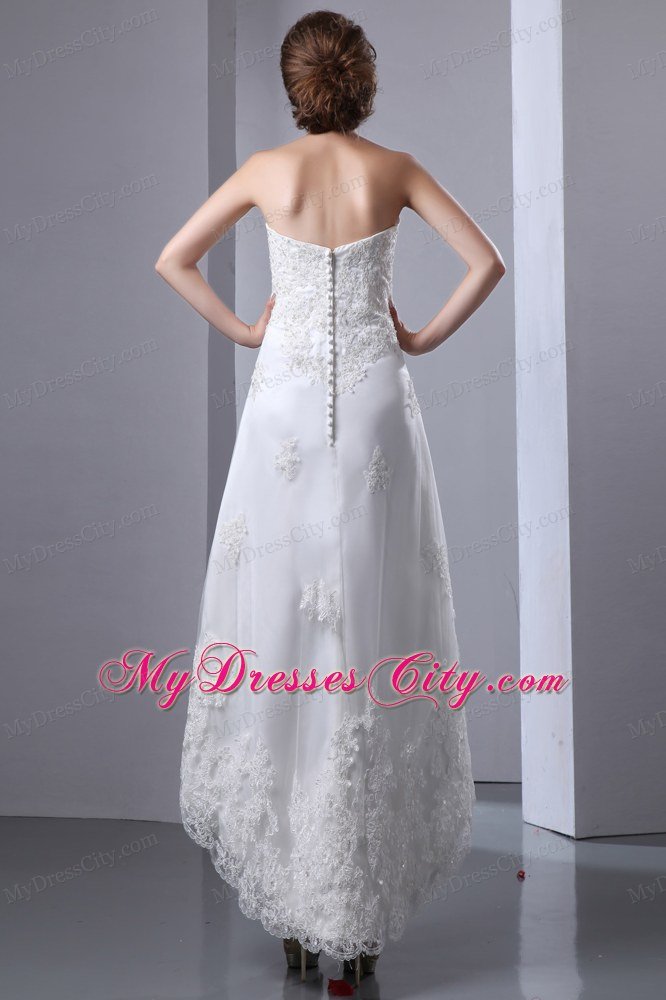 Discount Column Strapless High-low Lace Appliques Wedding Dress