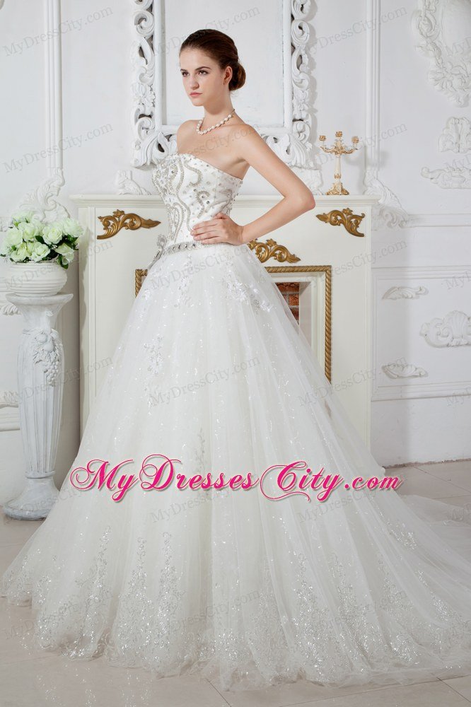 Exquisite A-line Strapless Court Train Beading Garden Wedding Dress