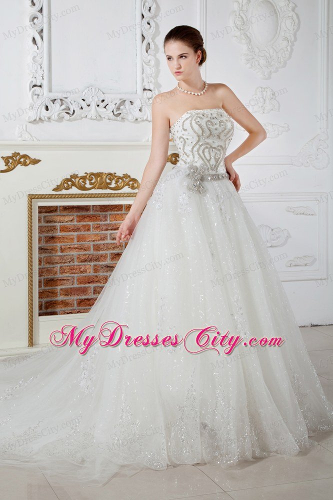 Exquisite A-line Strapless Court Train Beading Garden Wedding Dress