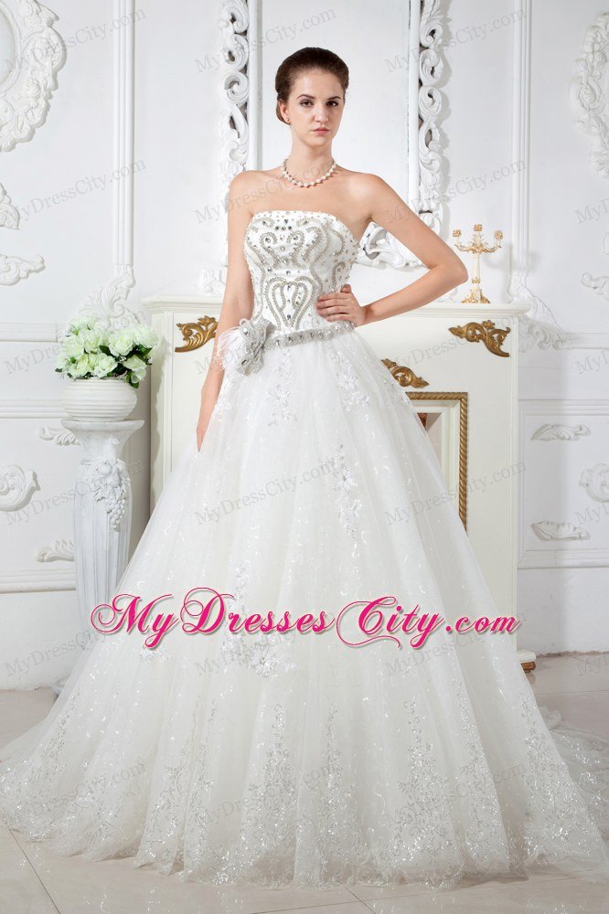 Exquisite A-line Strapless Court Train Beading Garden Wedding Dress