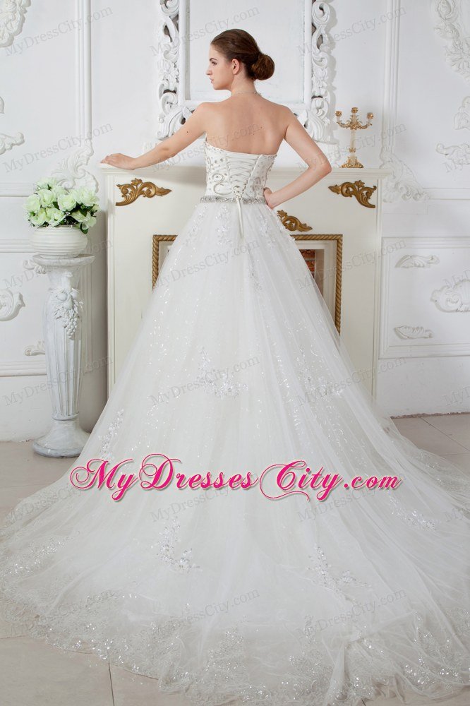 Exquisite A-line Strapless Court Train Beading Garden Wedding Dress