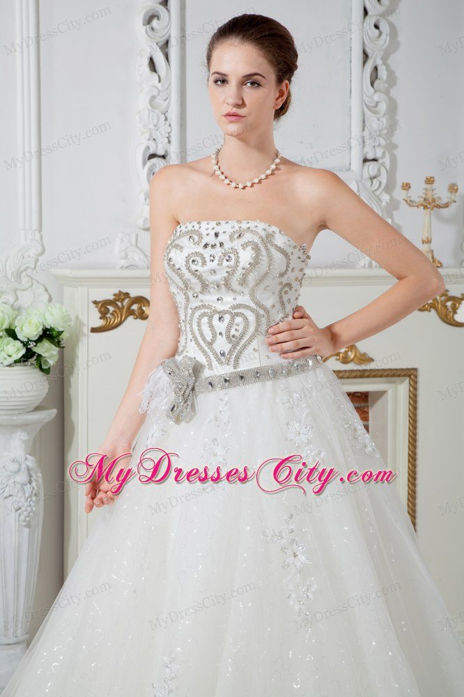 Exquisite A-line Strapless Court Train Beading Garden Wedding Dress