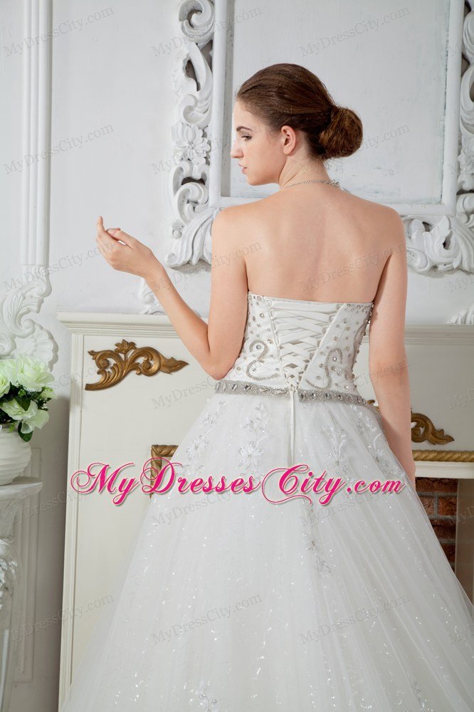 Exquisite A-line Strapless Court Train Beading Garden Wedding Dress