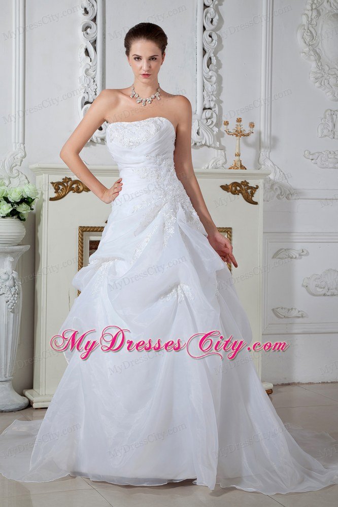 Puffy Strapless Brush Train Appliques Ivory Hall 2013 Wedding Dress