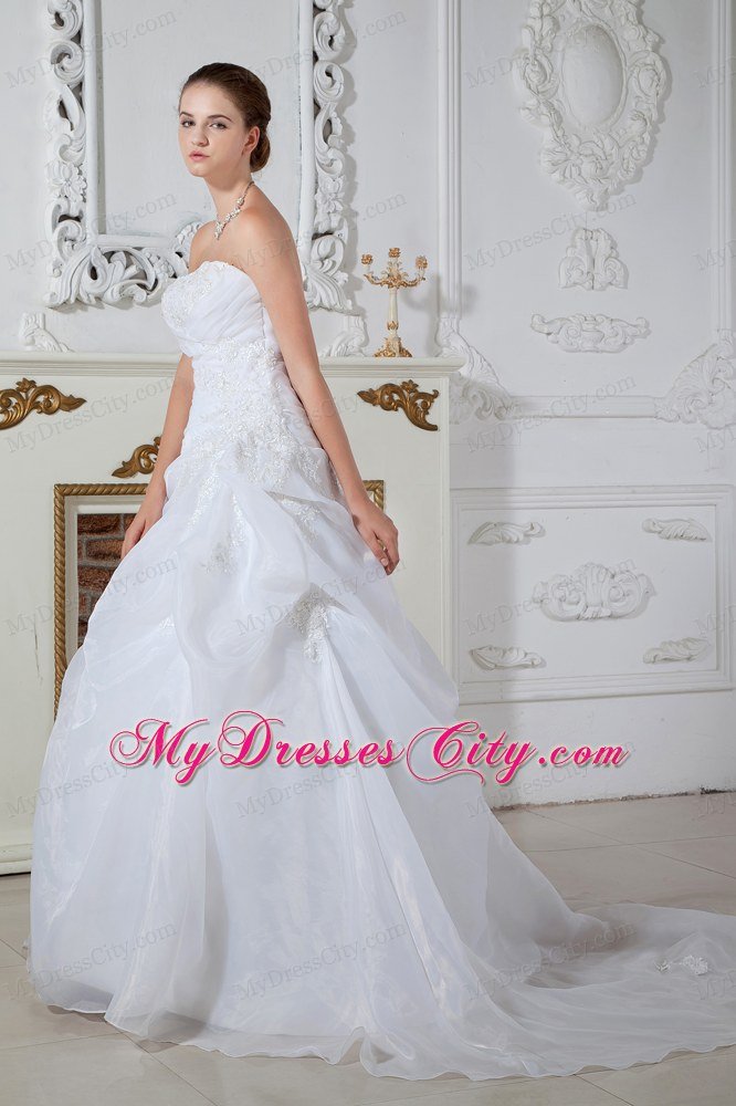 Puffy Strapless Brush Train Appliques Ivory Hall 2013 Wedding Dress