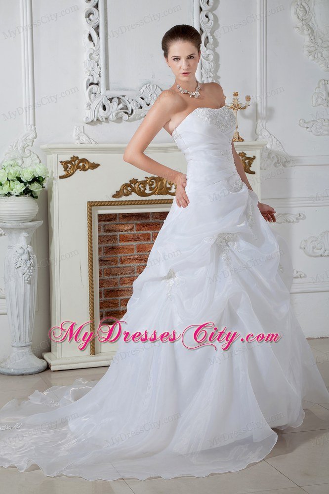 Puffy Strapless Brush Train Appliques Ivory Hall 2013 Wedding Dress