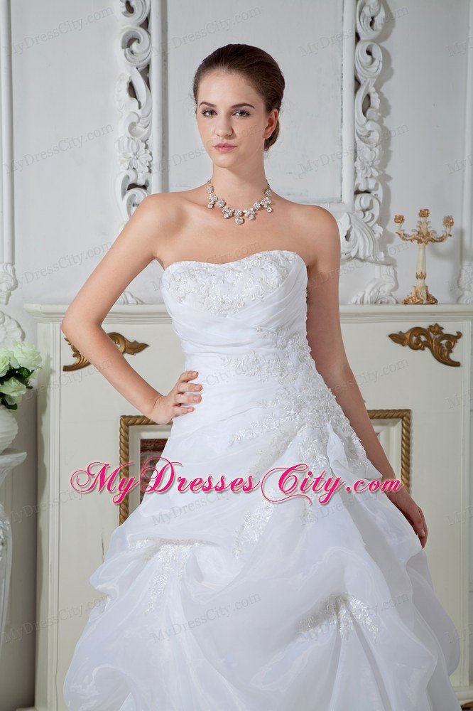 Puffy Strapless Brush Train Appliques Ivory Hall 2013 Wedding Dress