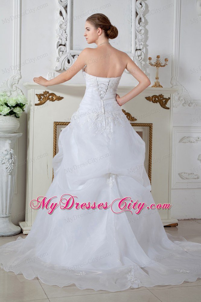 Puffy Strapless Brush Train Appliques Ivory Hall 2013 Wedding Dress