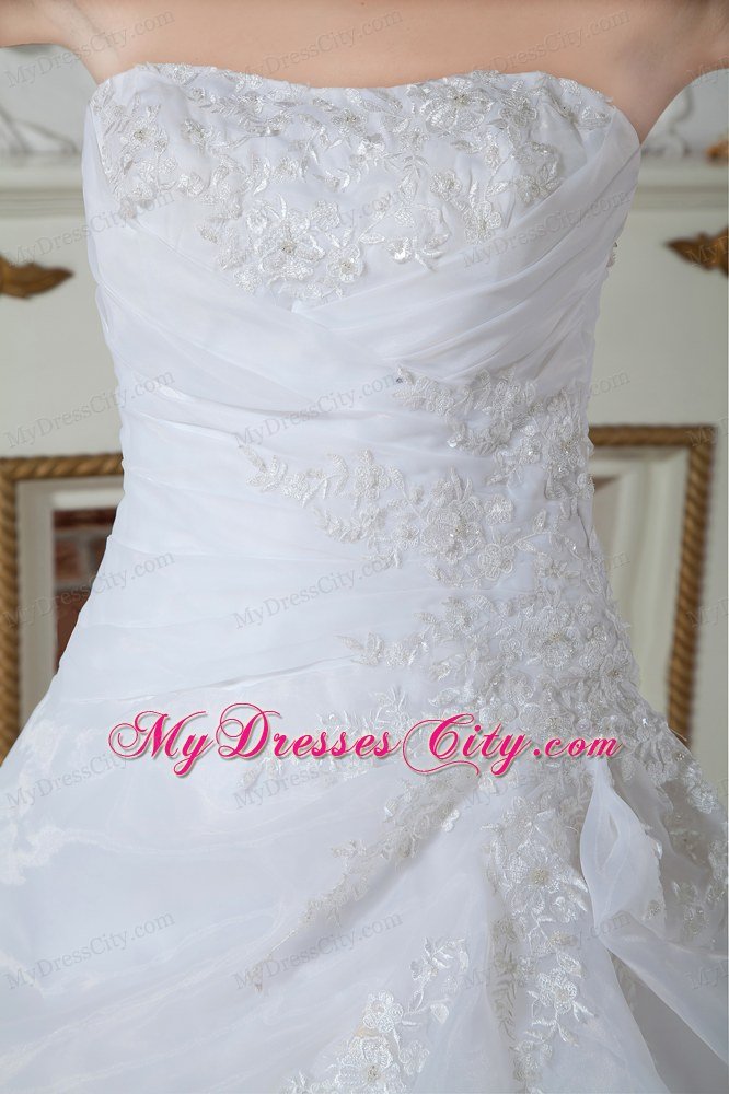 Puffy Strapless Brush Train Appliques Ivory Hall 2013 Wedding Dress