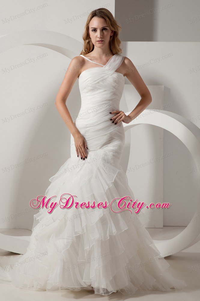 Popular Mermaid Ruffles Asymmetrical Neckline Garden Wedding Dress