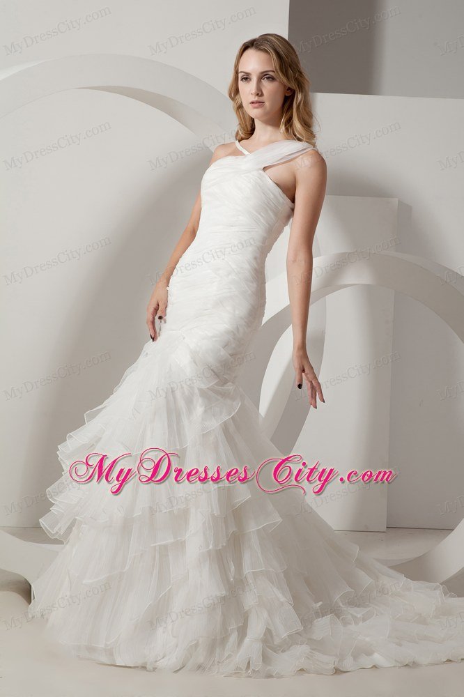 Popular Mermaid Ruffles Asymmetrical Neckline Garden Wedding Dress