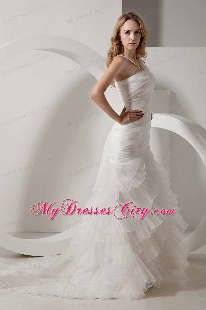 Popular Mermaid Ruffles Asymmetrical Neckline Garden Wedding Dress