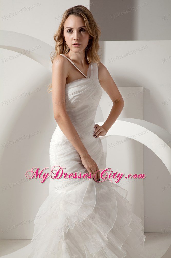 Popular Mermaid Ruffles Asymmetrical Neckline Garden Wedding Dress