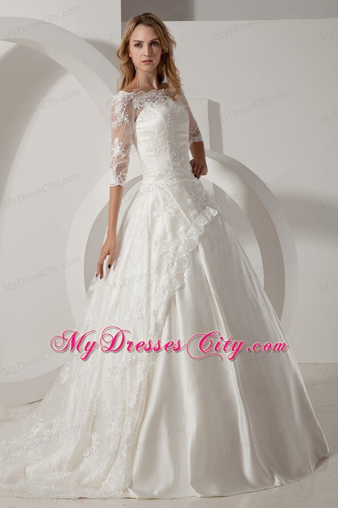 Classical Scoop Lace Half Sleeves Wedding Dress with Zipper Back