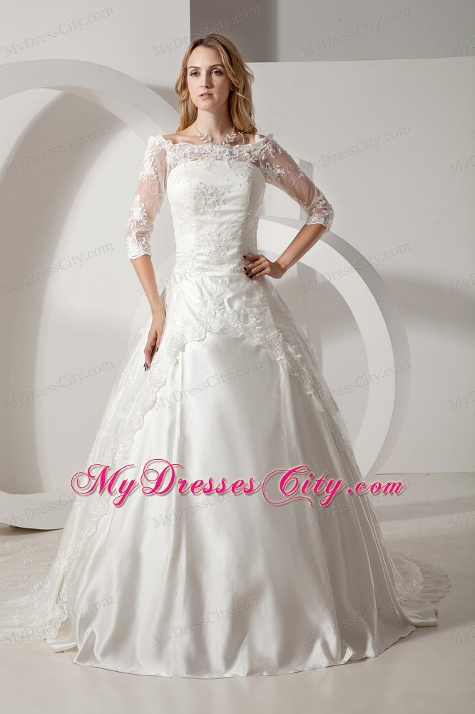 Classical Scoop Lace Half Sleeves Wedding Dress with Zipper Back