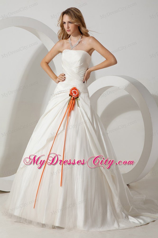 Cheap Princess Strapless Orange Flower Wedding Dress for Church