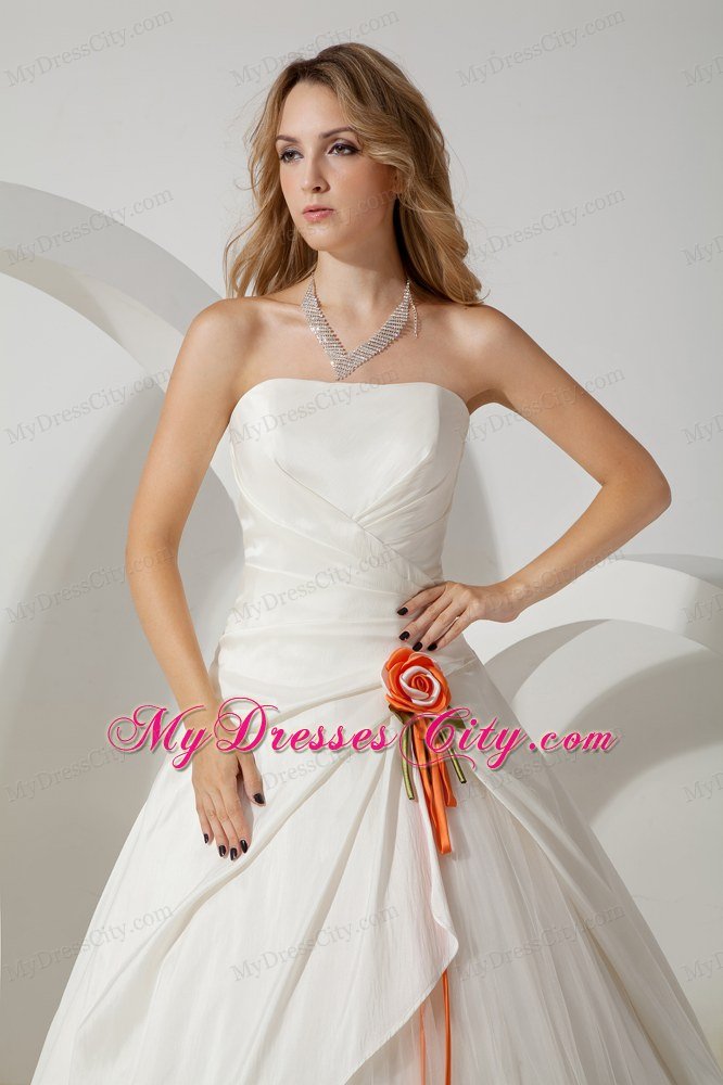 Cheap Princess Strapless Orange Flower Wedding Dress for Church