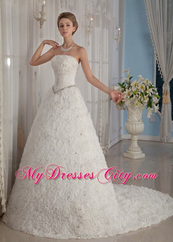 Exclusive Puffy Strapless Special?Embossed Fabric Beading Wedding Gowns