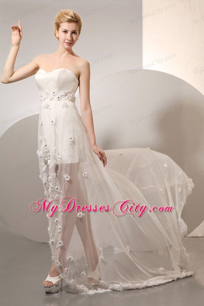 Front Short Back Long Dress Floral Embellishment Column Wedding Gown