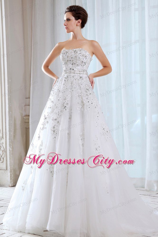 Pretty A-line Strapless Lace Appliques Beading Garden Wedding Dress