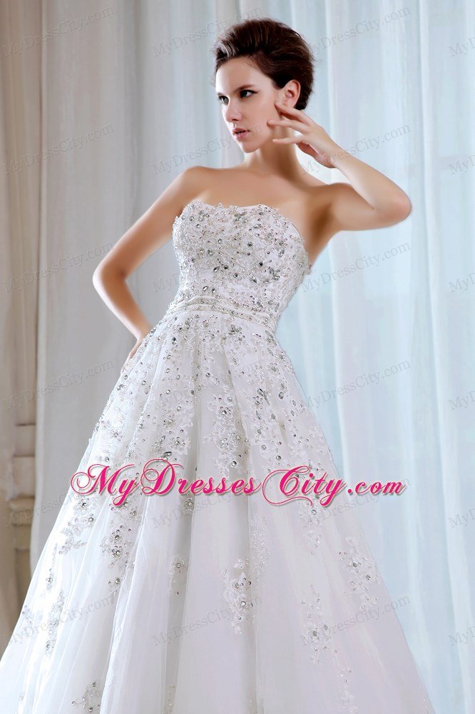 Pretty A-line Strapless Lace Appliques Beading Garden Wedding Dress