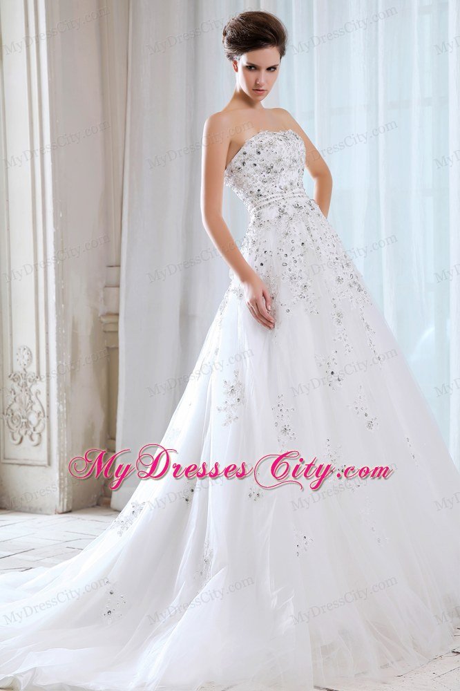 Pretty A-line Strapless Lace Appliques Beading Garden Wedding Dress