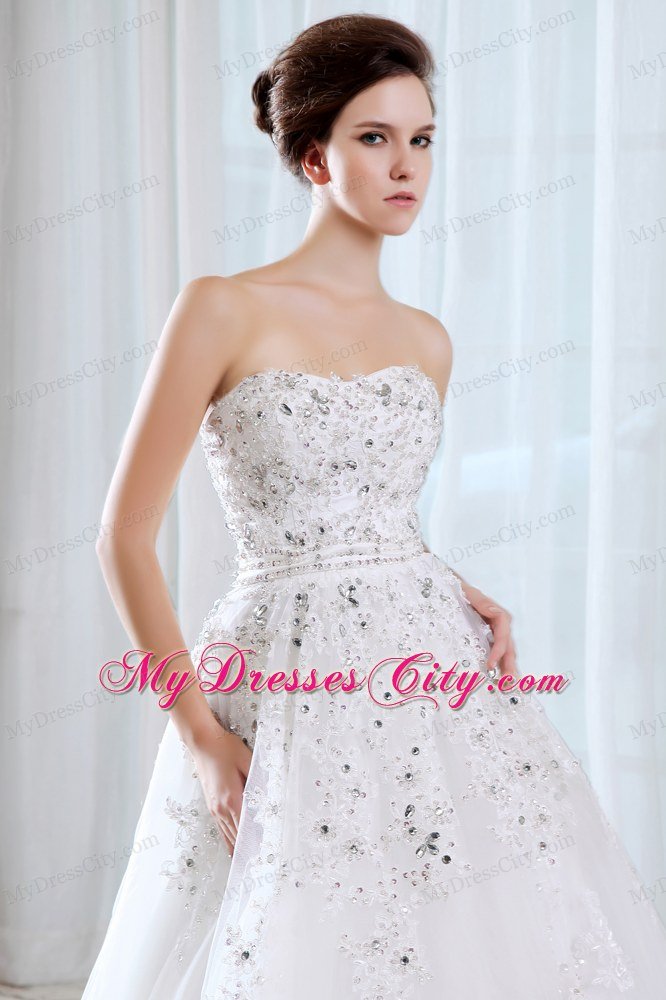 Pretty A-line Strapless Lace Appliques Beading Garden Wedding Dress