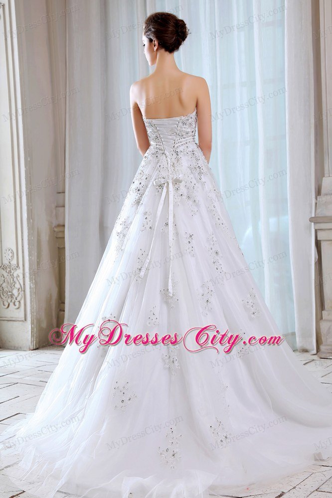 Pretty A-line Strapless Lace Appliques Beading Garden Wedding Dress