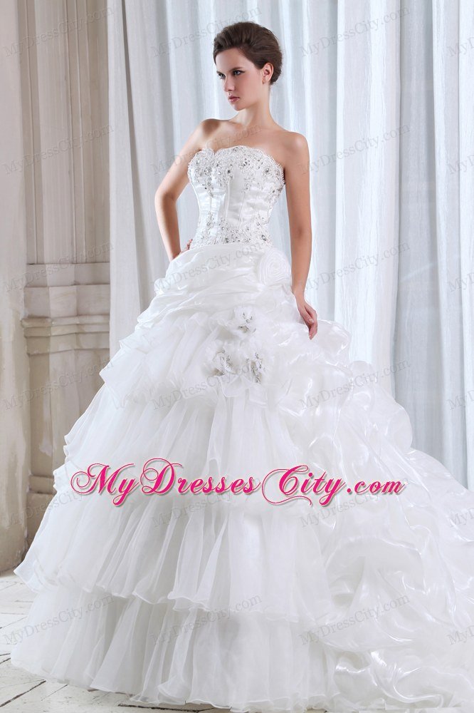 Luxurious Puffy Strapless Beading and Appliques Wedding Gowns Pick Ups