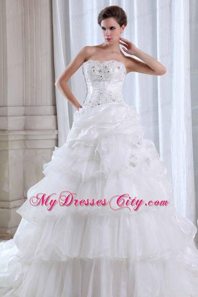 Luxurious Puffy Strapless Beading and Appliques Wedding Gowns Pick Ups