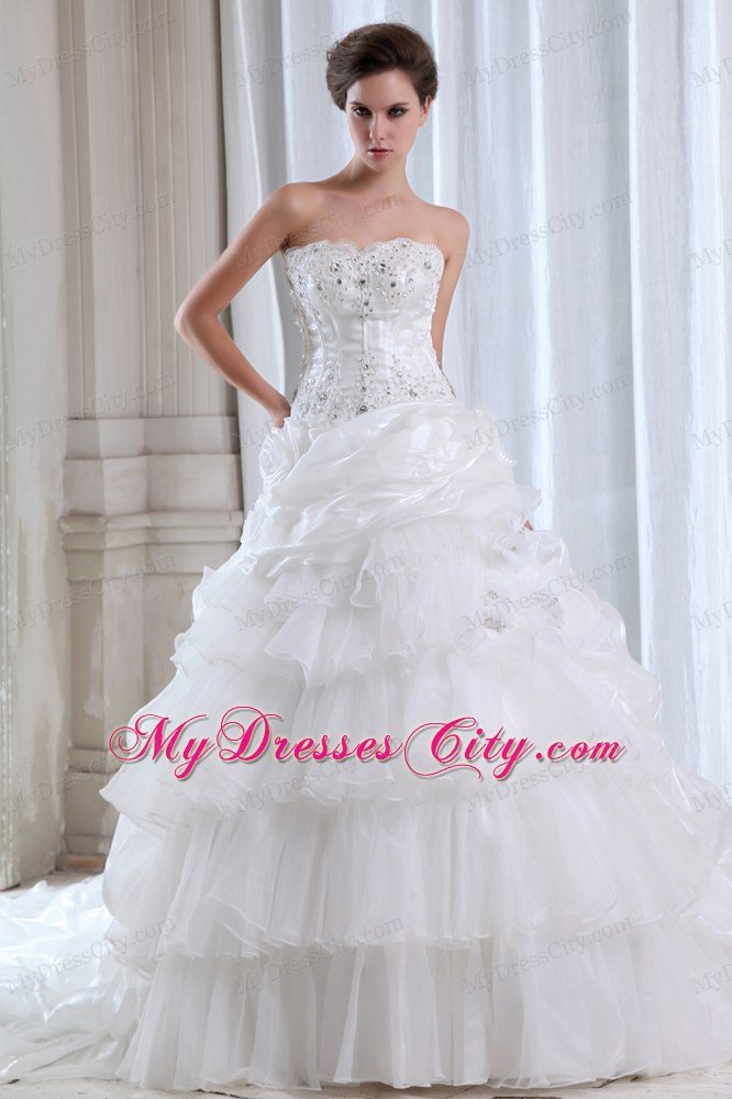 Luxurious Puffy Strapless Beading and Appliques Wedding Gowns Pick Ups