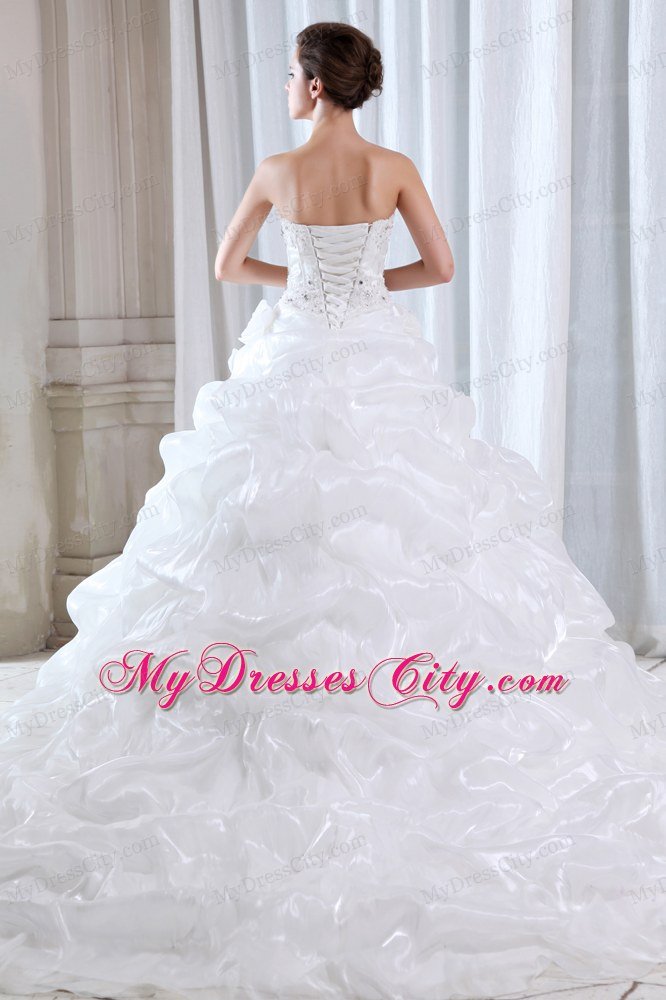 Luxurious Puffy Strapless Beading and Appliques Wedding Gowns Pick Ups