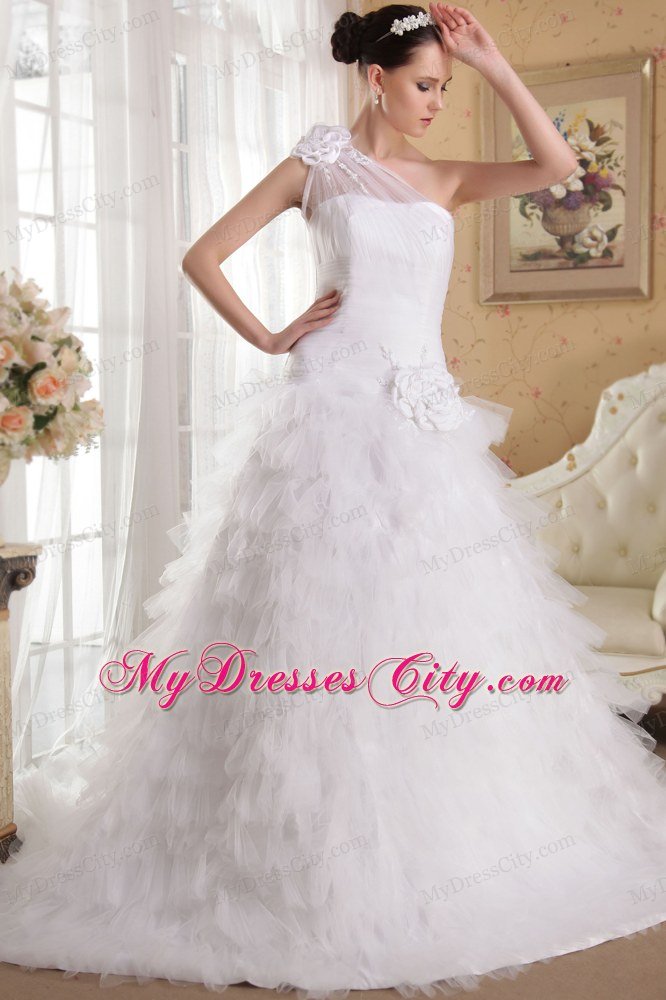 Princess One Shoulder Ruffles Flowers Chapel Train Wedding Dress