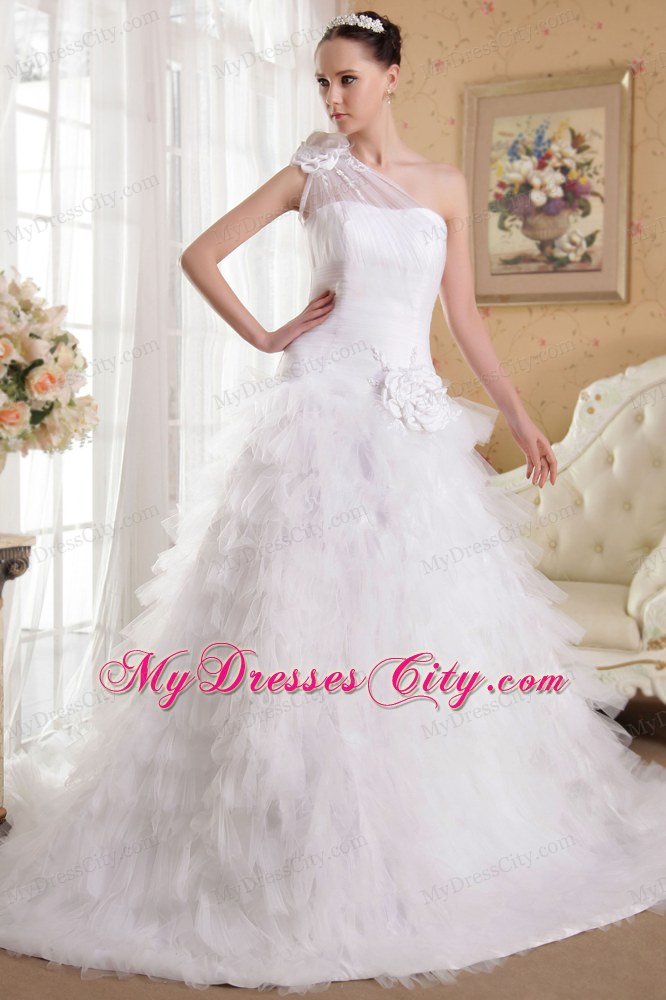 Princess One Shoulder Ruffles Flowers Chapel Train Wedding Dress