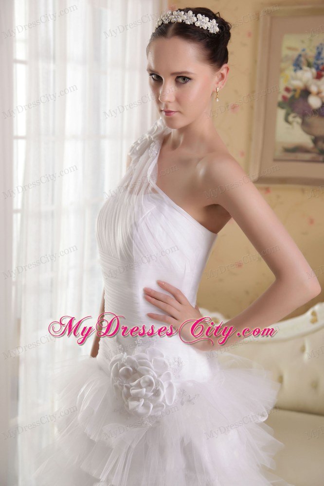 Princess One Shoulder Ruffles Flowers Chapel Train Wedding Dress