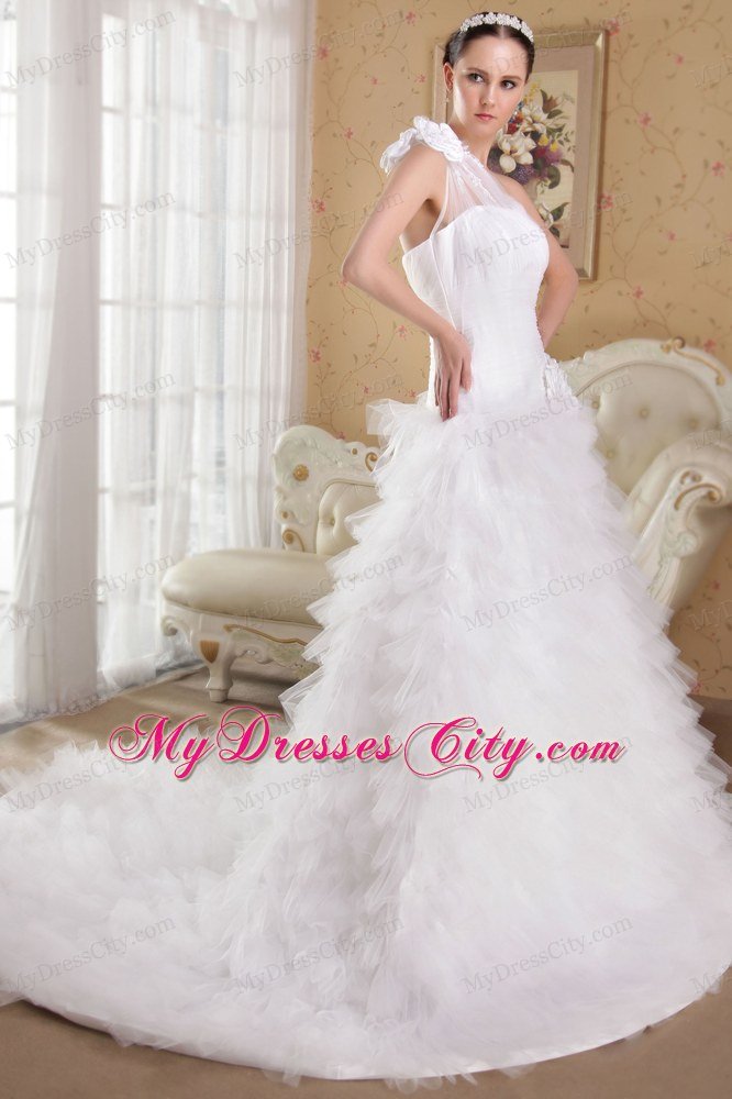 Princess One Shoulder Ruffles Flowers Chapel Train Wedding Dress