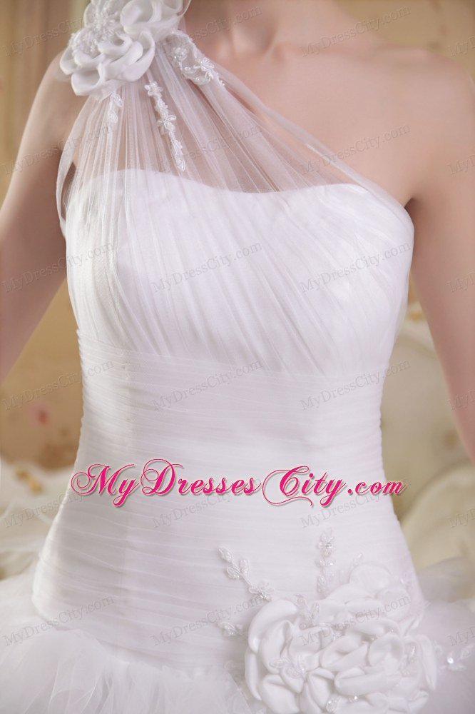 Princess One Shoulder Ruffles Flowers Chapel Train Wedding Dress