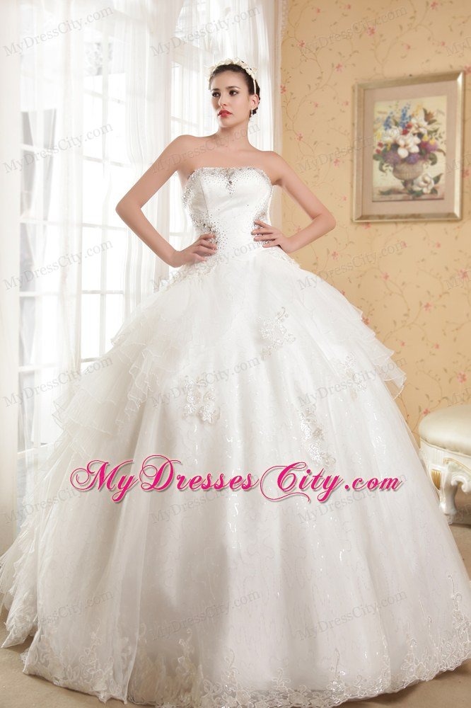 Puffy Strapless Chapel Train Appliques With Beading Wedding Dress