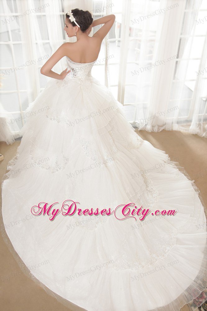 Puffy Strapless Chapel Train Appliques With Beading Wedding Dress