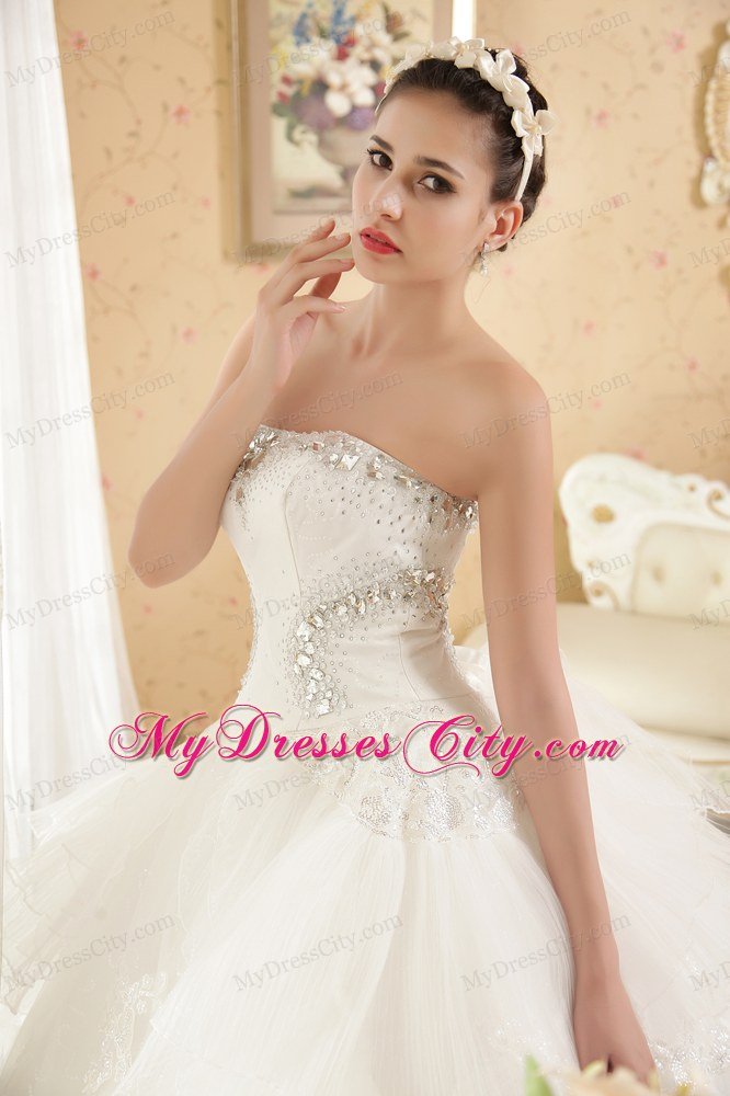 Puffy Strapless Chapel Train Appliques With Beading Wedding Dress