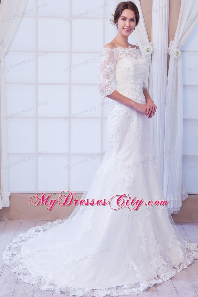 Sexy Mermaid Off The Shoulder Lace Half Sleeves Wedding Gown