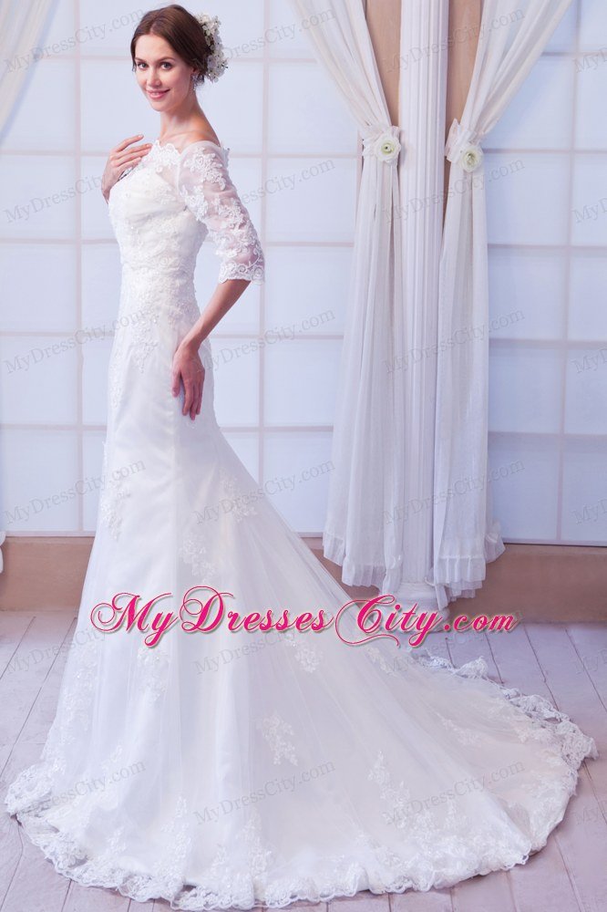 Sexy Mermaid Off The Shoulder Lace Half Sleeves Wedding Gown