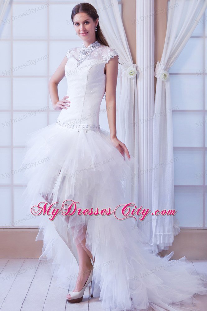 Romantic High-neck Beading Hall Wedding Dress with Short Sleeves