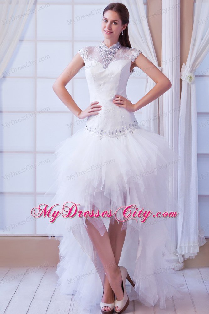 Romantic High-neck Beading Hall Wedding Dress with Short Sleeves