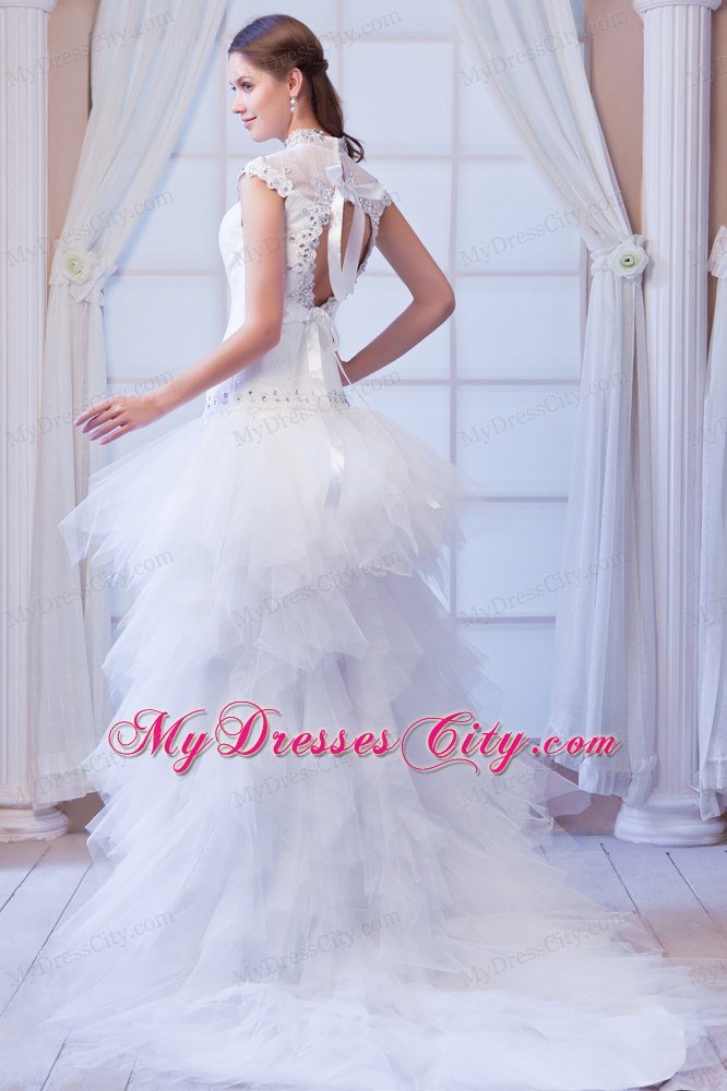 Romantic High-neck Beading Hall Wedding Dress with Short Sleeves