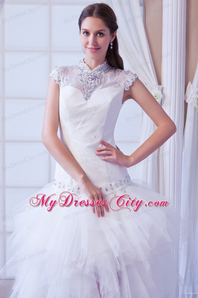 Romantic High-neck Beading Hall Wedding Dress with Short Sleeves