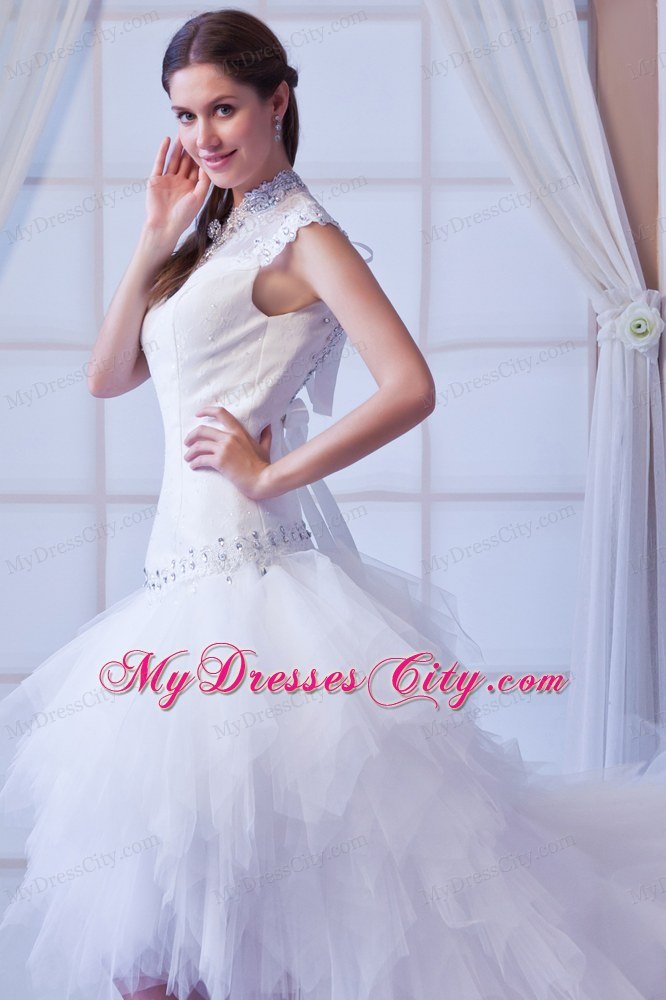 Romantic High-neck Beading Hall Wedding Dress with Short Sleeves