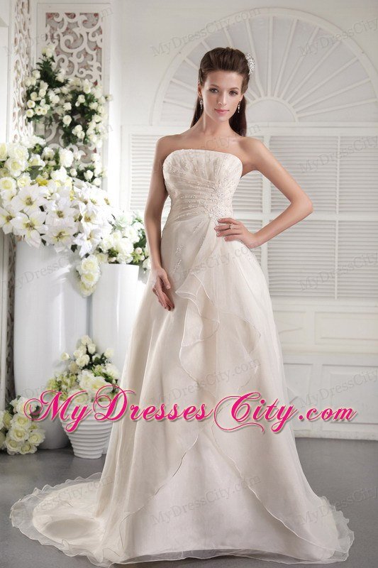 Column Strapless Court Train Beading Dropped Waist Wedding Gowns