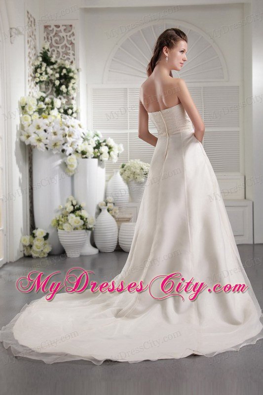 Column Strapless Court Train Beading Dropped Waist Wedding Gowns